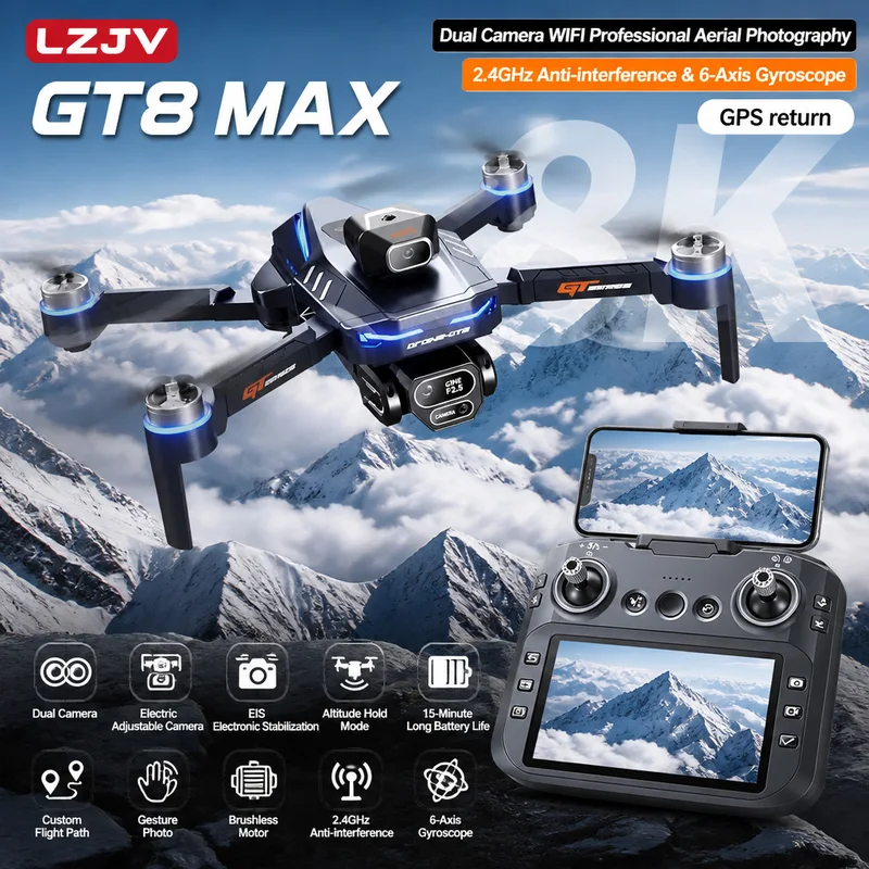 Drone Video Production - GT8 Max折りたたみ式ドローン 8K HDプロフェッショナル空中デュアルカメラスクリーンリモコン航空機 障害物回避ブラシ付きクアッドコプター